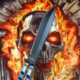The ONE Butterfly Knife with BUSHINGS 440C Channel Balisong - Black 42 Blue Holes and Spring Latch
