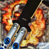 The ONE Butterfly Knife with BUSHINGS 440C Channel Balisong - Black 42 Blue Holes and Spring Latch