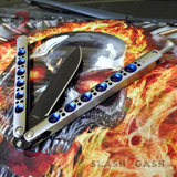The ONE Butterfly Knife with BUSHINGS 440C Channel Balisong - Black 42 Blue Holes and Spring Latch