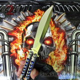 TheONE Butterfly Knife with BUSHINGS 440C Channel Balisong - Satin 42 with Blue Holes and Spring Latch