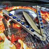 TheONE Balisong with BUSHING system 440C Channel Butterfly Knife - Satin 42 with Blue Holes and Spring Latch