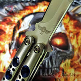 TheONE Butterfly Knife with BUSHINGS 440C Channel Balisong - Satin 42 with Blue Holes and Spring Latch