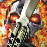 TheONE Butterfly Knife with BUSHINGS 440C Channel Balisong - Satin 42 with Blue Holes and Spring Latch