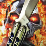 TheONE Balisong with BUSHING system 440C Channel Butterfly Knife - Satin 42 with Blue Holes and Spring Latch