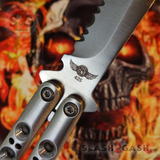 The ONE Butterfly Knife 42 Serrated Best Version Channel Construction Balisong Spring Latch w/ BUSHINGS