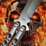 The ONE Butterfly Knife 42 Serrated Best Version Channel Construction Balisong Spring Latch w/ BUSHINGS
