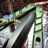 The ONE Channel Balisong Clone Titanium Butterfly Knife D2 Tool Steel w/ Bushings Green & Black CHAB Stonewashed S2G slash2gash