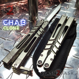 The ONE CHAB Balisong Clone Titanium Channel D2 w/ Bushings Butterfly Knife Grey Stonewashed S2G slash2gash