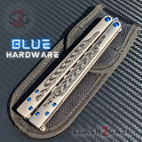 The One EX-10 clone Butterfly Knife Balisong Trainer w/ Carbon Fiber Gray/Silver Titanium Blue Screws