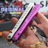 The ONE Channel Balisong FALCON Butterfly Knife w/ Zen Pins - ORIGINAL design Purple Silver Sharp