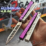 The ONE Channel Balisong FALCON Butterfly Knife w/ Zen Pins - ORIGINAL design Purple Silver Trainer Practice Safe Dull
