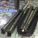 The ONE Channel Balisong KRAKEN (clone) Butterfly Knife w/ Bushings - Black krake laken Tanto