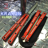 The ONE Channel Balisong KRAKEN (clone) Butterfly Knife w/ Bushings - Red krake laken Bowie Sharp