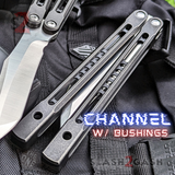 Monarch Clone The One Balisong Titanium Butterfly Knife Black Blade Black Channel Handles Sharp D2 Live Stonewash Satin