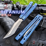 Monarch Clone The One Butterfly Knife Titanium Balisong Satin Blade Blue Channel Handles Sharp D2 Live Stonewash S2G slash2gash