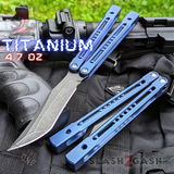 Monarch Clone The One Balisong Titanium Butterfly Knife Black Blade Blue Channel Handles Sharp D2 Live Stonewash