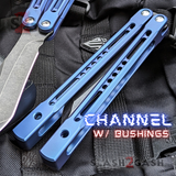 Monarch Clone The One Balisong Titanium Butterfly Knife Black Blade Blue Channel Handles Sharp D2 Live Stonewash