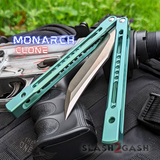 Monarch Clone The One Butterfly Knife Titanium Balisong Satin Blade Green Channel Handles Sharp D2 Live Stonewash S2G slash2gash