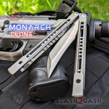 Monarch Clone The One Balisong Titanium Butterfly Knife Satin Blade Silver Gray Channel Handles Sharp D2 Live Stonewash S2G slash2gash