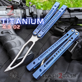 Monarch Clone The One Balisong Titanium Butterfly Knife Satin Trainer Blade Blue Channel Handles Dull Practice Safe D2 Stonewash S2G slash2gash