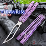 Monarch Clone The One Balisong Titanium Butterfly Knife Satin Trainer Blade Purple Channel Handles Dull Practice Safe D2 Stonewash S2G slash2gash