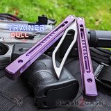 Monarch Clone The One Balisong Titanium Butterfly Knife Satin Trainer Blade Purple Channel Handles Dull Practice Safe D2 Stonewash S2G slash2gash