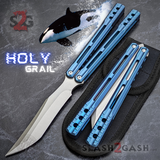 The ONE Balisong Orca Butterfly Knife Clone Channel Construction Sharp D2 Holy Grail - BUSHINGS Blue Live Knives