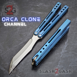 The ONE Balisong Orca Butterfly Knife Clone Channel Construction Sharp D2 - BUSHINGS Blue Live Knives