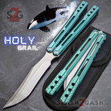 The ONE Balisong Orca Butterfly Knife Clone Channel Construction Sharp D2 Holy Grail - BUSHINGS Green Live Knives