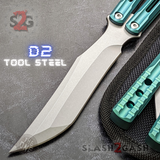 The ONE Balisong Orca Butterfly Knife Clone Channel Construction Sharp D2 Tool Steel - BUSHINGS Blue Live Knives