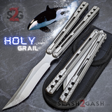 The ONE Balisong Orca Butterfly Knife Clone Channel Construction Sharp D2 Silver Holy Grail - BUSHINGS Gray Live Knives