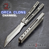 The ONE Balisong Orca Butterfly Knife Clone Channel Construction Sharp D2 Silver - BUSHINGS Gray Live Knives