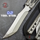 The ONE Balisong Orca Butterfly Knife Clone Channel Construction Sharp D2 Tool Steel - BUSHINGS Blue Live Knives