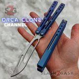 The ONE Balisong Orca Butterfly Knife Clone Channel Construction D2 - BUSHINGS Blue Training Knives