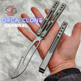 The ONE Balisong Orca Butterfly Knife Clone Channel Construction D2 - BUSHINGS Gray Silver Knives