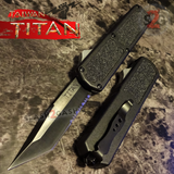 Titan OTF Automatic Knife Black Handle Dual Action Switchblade Knives - Tanto Serrated TAIWAN upgraded