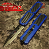 Taiwan Titan OTF D/A Blue Automatic Knife Carbon Fiber Switchblade w/ Black Dagger - upgraded Dual Action out-the-front knives
