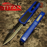 Taiwan Titan OTF D/A Blue Automatic Knife Carbon Fiber Switchblade w/ Black Dagger - upgraded Dual Action out-the-front knives