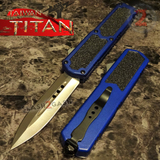 Taiwan Titan OTF D/A Blue Automatic Knife Switchblade w/ Silver Double Edge - upgraded Dual Action out-the-front knives