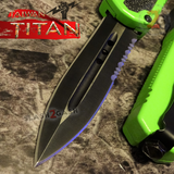 Taiwan Titan OTF D/A Green Automatic Knife Switchblade w/ Black Double Edge Serrated - upgraded Dual Action out-the-front knives