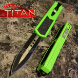 Taiwan Titan OTF D/A Green Automatic Knife Switchblade w/ Black Double Edge Serrated - upgraded Dual Action out-the-front knives