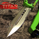 Taiwan Titan OTF D/A Green Automatic Knife Switchblade w/ Silver Double Edge Serrated - upgraded Dual Action out-the-front knives