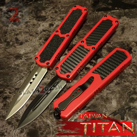 Taiwan Titan OTF D/A Red Automatic Knife Switchblade - upgraded Dual Action out-the-front knives slash 2 gash