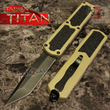 Taiwan Titan OTF D/A Desert Tan Automatic Knife Switchblade Sand w/ Black Tanto - upgraded Dual Action out-the-front knives