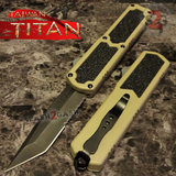 Taiwan Titan OTF D/A Desert Tan Automatic Knife Switchblade Sand w/ Black Tanto Serrated - upgraded Dual Action out-the-front knives