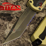 Taiwan Titan OTF D/A Desert Tan Automatic Knife Switchblade Sand w/ Black Tanto Serrated - upgraded Dual Action out-the-front knives