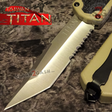 Taiwan Titan OTF D/A Desert Tan Automatic Knife Switchblade Sand w/ Silver Tanto Serrated - upgraded Dual Action out-the-front knives
