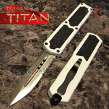 Taiwan Titan OTF D/A White Automatic Knife Switchblade w/ Silver Double Edge Serrated - upgraded Dual Action out-the-front knives
