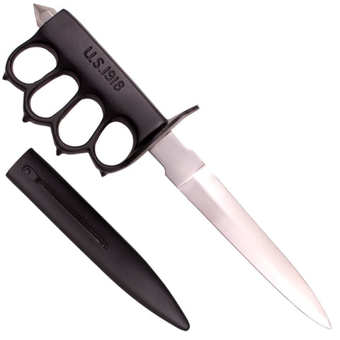 Trench Knife 11 Inch Carbon Steel Dagger Real Black Knuckles U.S. 1918 Fixed Blade Metal Scabbard - Combat Ready