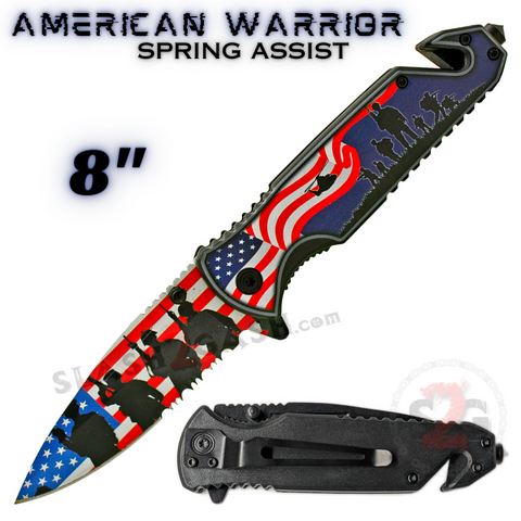 8" Spring Assist Folding Pocket Knife Single Edge Serrated Rescue Knives - USA Flag American Troops